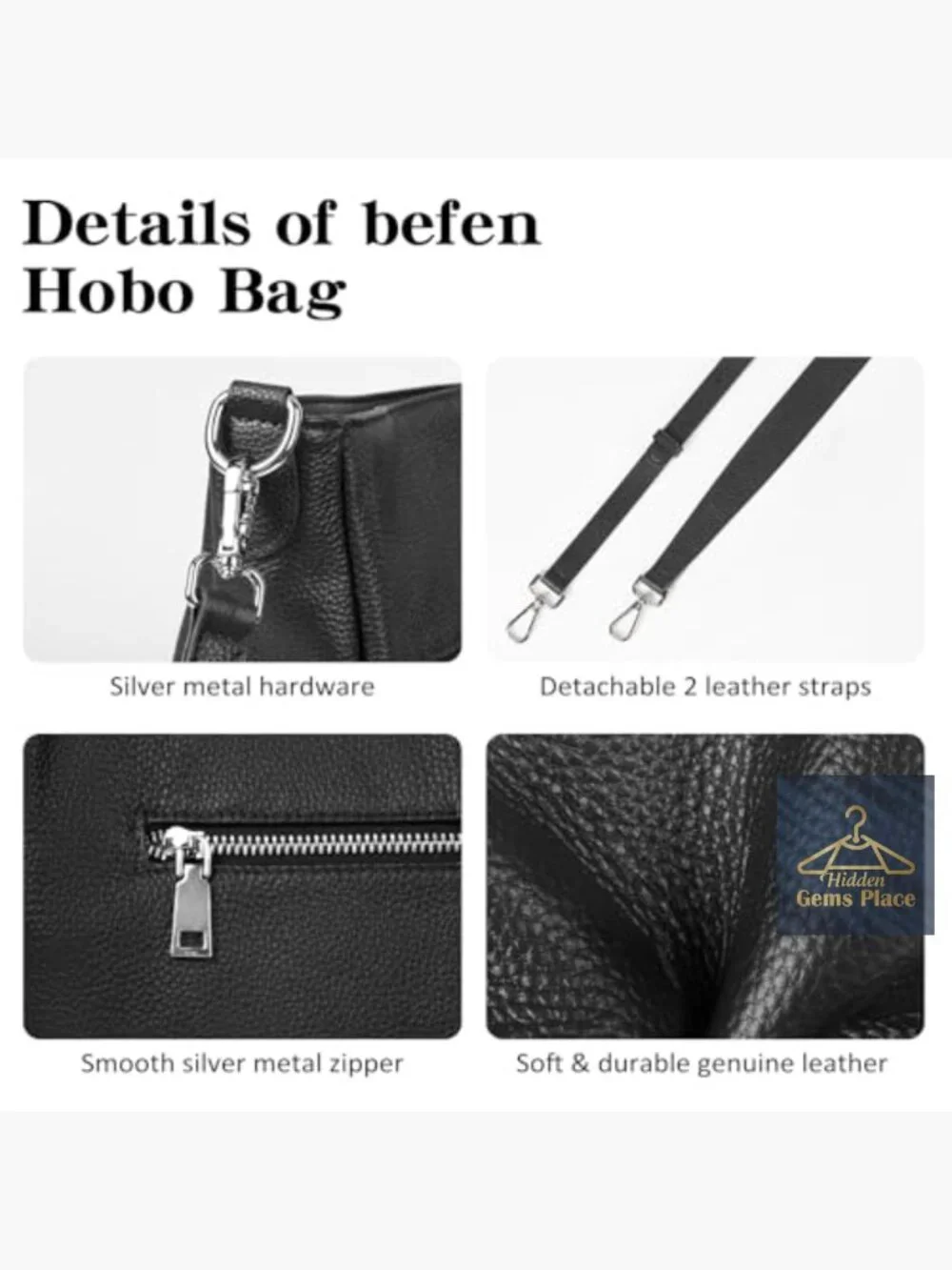 Genuine Leather Hobo Bag Crossbody Shoulder Handbag with 2 Straps